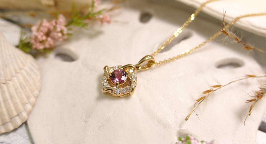 14k Yellow Gold Accent Diamonds - Estate Style - .45ct/0.18ct Pink Tourmaline Round Pendant