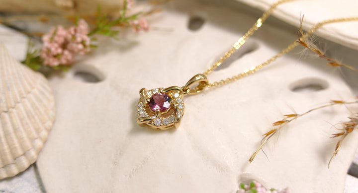 14k Yellow Gold Accent Diamonds - Estate Style - .45ct/0.18ct Pink Tourmaline Round Pendant