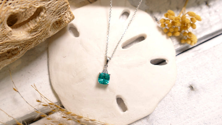 14k White Gold 0.05ct Paraiba Tourmaline Cushion Necklace