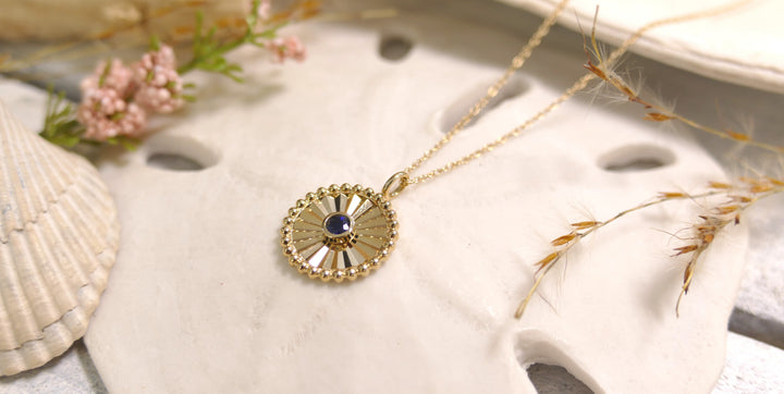 14k Yellow Gold Diamond Cut Disc Sapphire Round Pendant