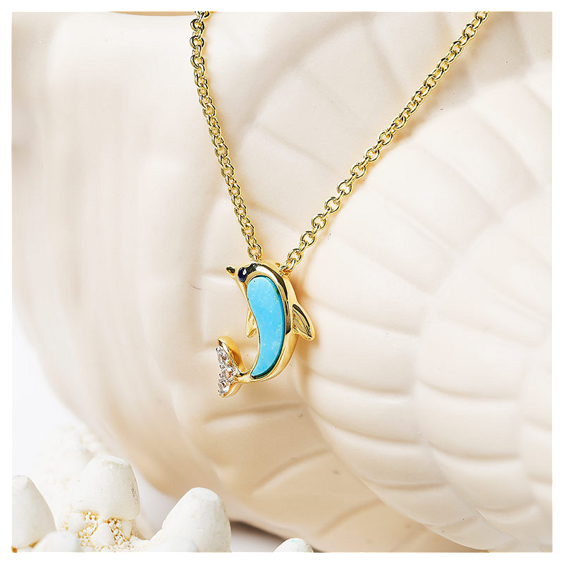 Ocean - Sterling Silver - Gold Vermeil Crystal Turquoise Dolphin Necklace