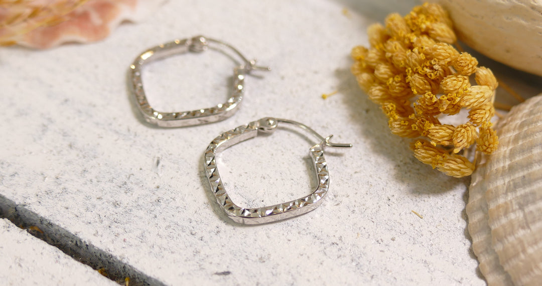 14k White Gold Square + Diamond Cut Hoop Earrings