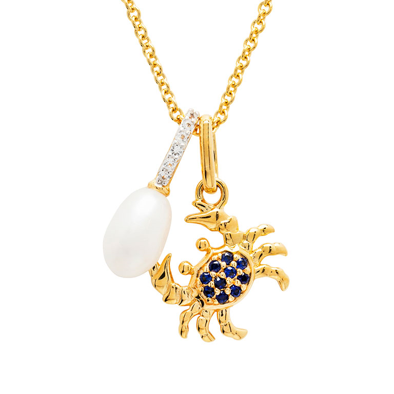 Ocean - Sterling Silver - Gold Vermeil Pearl & Lab Grown Sapphire 18" Crab Necklace