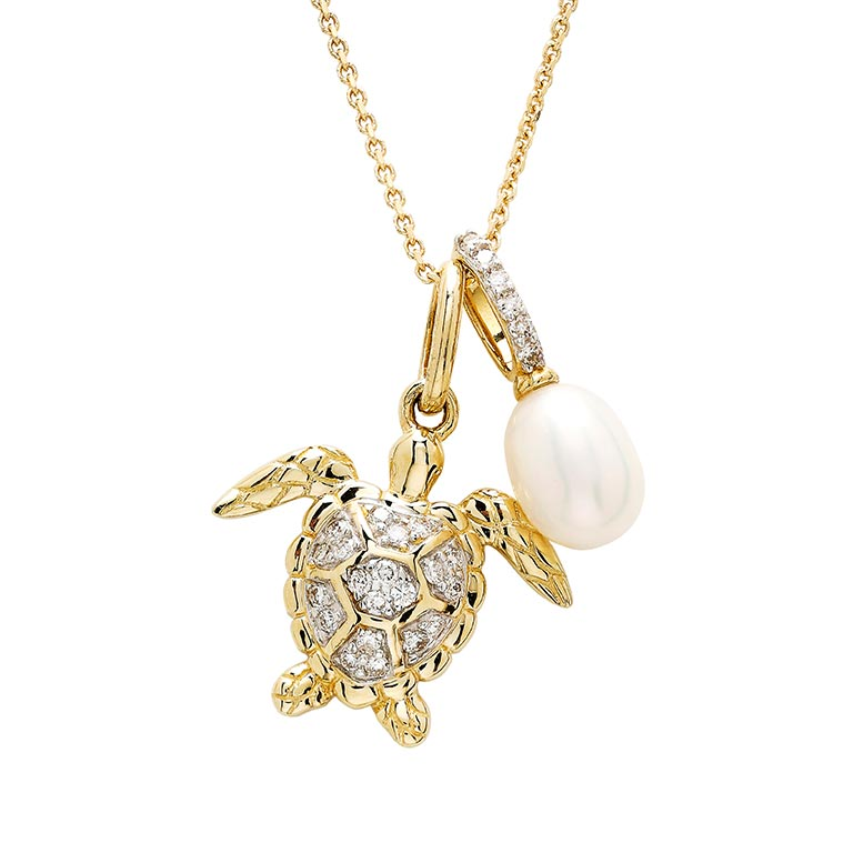 Ocean - 14k - Yellow Gold Freshwater Pearl Lab Grown Diamond Turtle Necklace