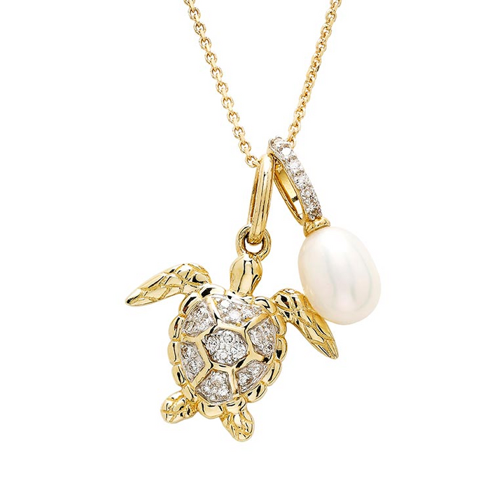 Ocean - 14k - Yellow Gold Freshwater Pearl Lab Grown Diamond Turtle Necklace