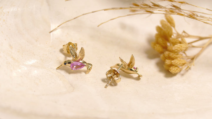 14k - Yellow Gold Hummingbird Pink Sapphire Stud Earrings