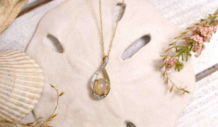 14k Yellow Gold Ethiopian Opal 0.07ct Natural Diamonds Oval Necklace