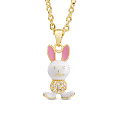 Lily Nily - Brass - 18K Gold Plated -Pink & White Enamel- Cubic Zirconia Bunny Necklace 14-16"