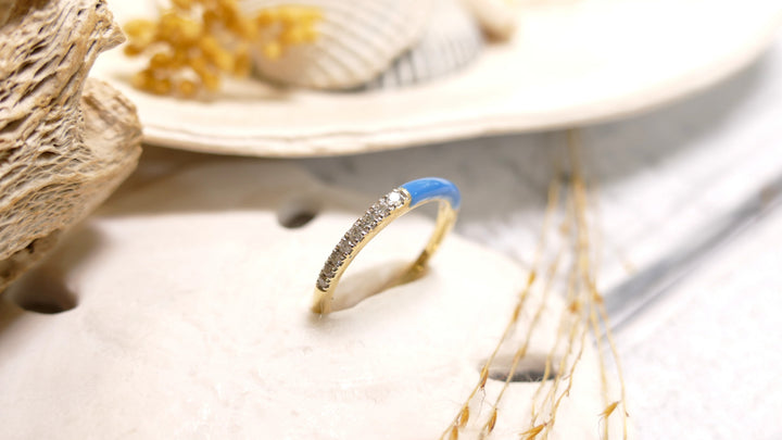 14K Yellow Gold Half & Half - Blue Enamel .12ct Natural Diamond Ring (Size 7)