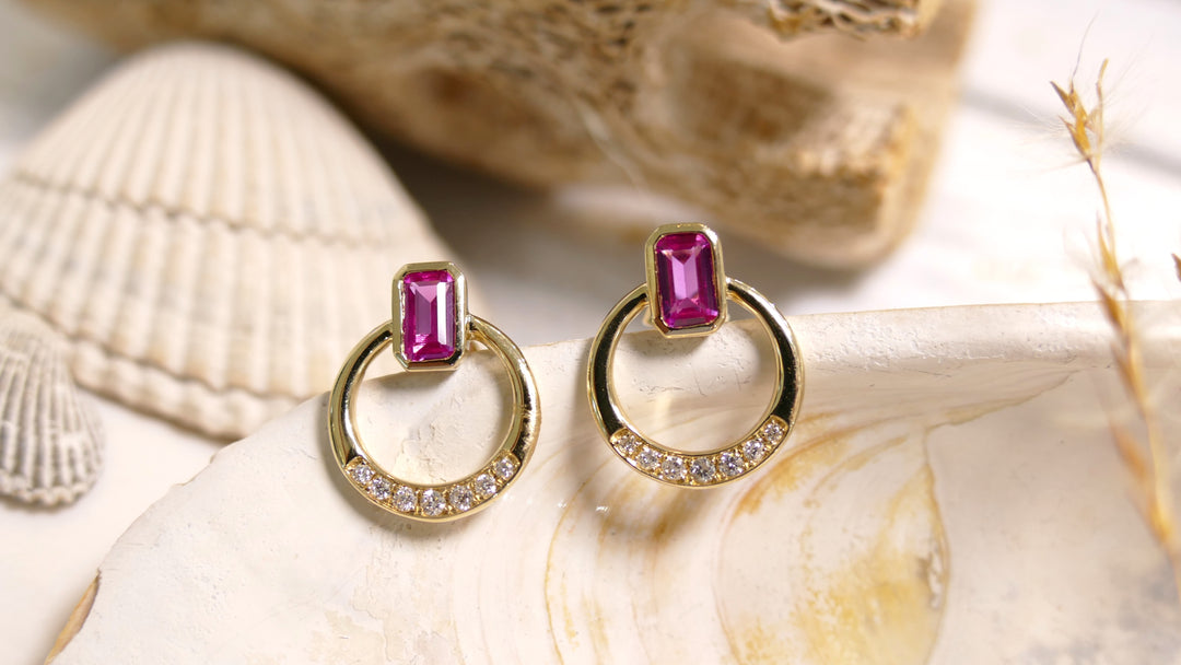 14k Yellow Gold Emerald Cut 0.13CT Dia - Pink CZ - Diamond Stud Earrings