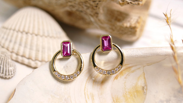 14k Yellow Gold Emerald Cut 0.13CT Dia - Pink CZ - Diamond Stud Earrings