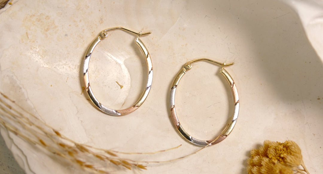 14k Tri-Color Oval/Cut Hoop Earrings