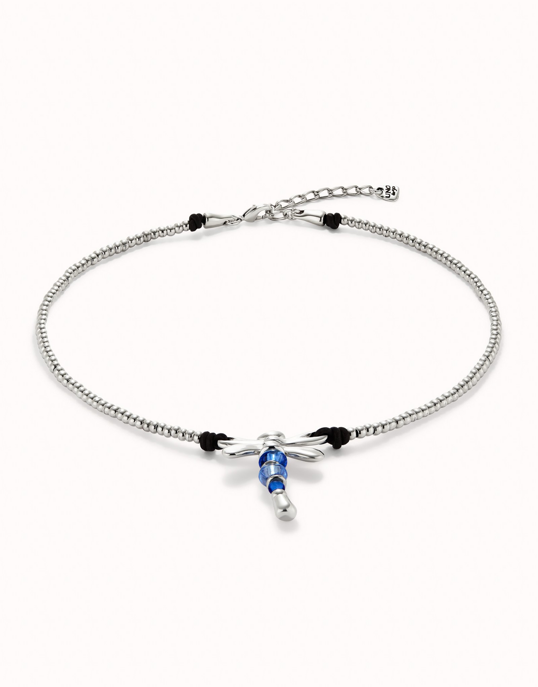 Short sterling silver-plated necklace with dragonfly and blue handcrafted crystals