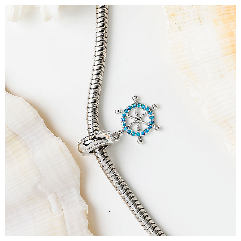 Ocean - Sterling Silver - Blue Topaz Cubic Zirconia Ship Wheel Dangle Charm