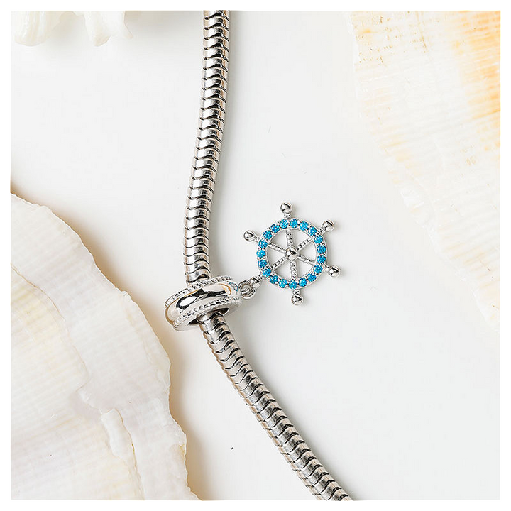 Ocean - Sterling Silver - Blue Topaz Cubic Zirconia Ship Wheel Dangle Charm