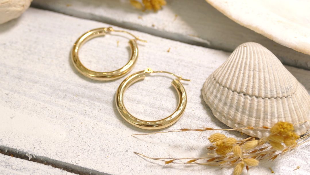 14k Yellow Gold Diamond Cut Hoop Earrings