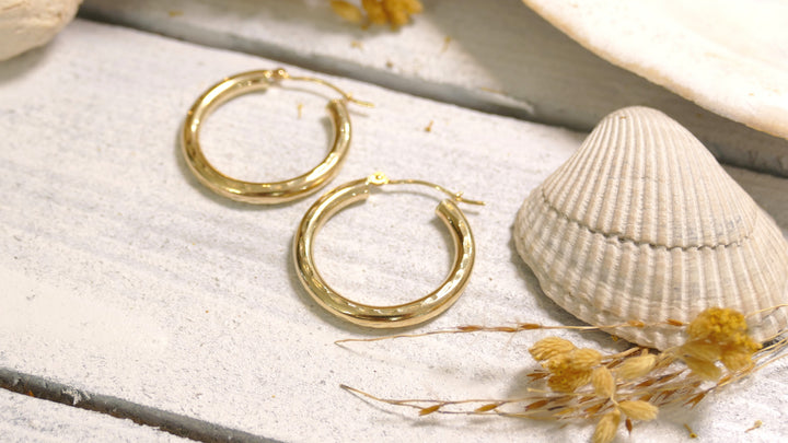 14k Yellow Gold Diamond Cut Hoop Earrings