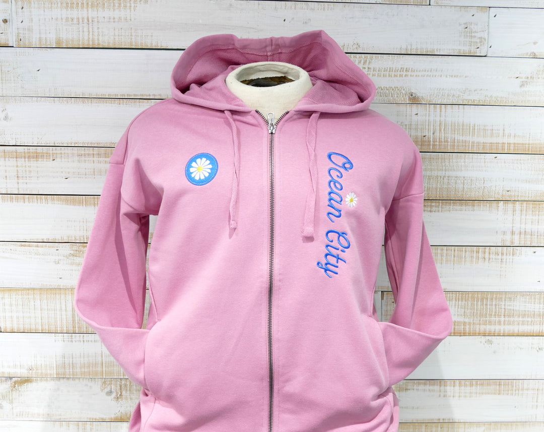 GEAR - Long Sleeve Full Zip Hooded Daisy Flower Sweatshirt - Dusty Rose