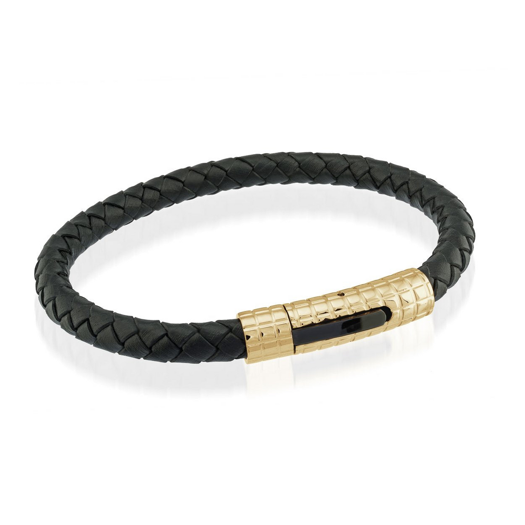 Italgem - Gold IP S. Steel Black Leather Push Clasp Bracelet