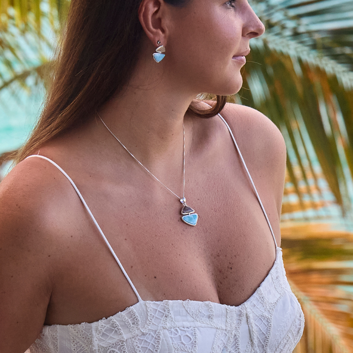 Dune - Sterling Silver - Silver "Coastal Edge" Larimar Ocean City Beach Sand Stud Earrings