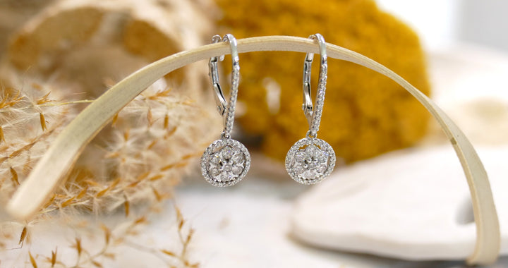 10k - White Gold - Floral - .65ct Round Natural Diamond Lever Back Earrings