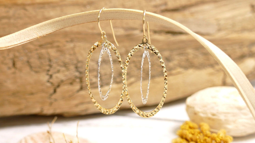 14k Two Tone Double Oval + Diamond Cut Dangle Earrings
