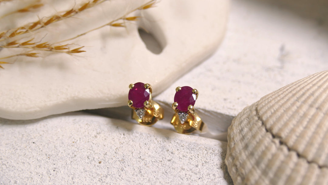 14k Yellow Gold Oval 1 Accented Diamond 0.02ct Ruby Stud Earrings