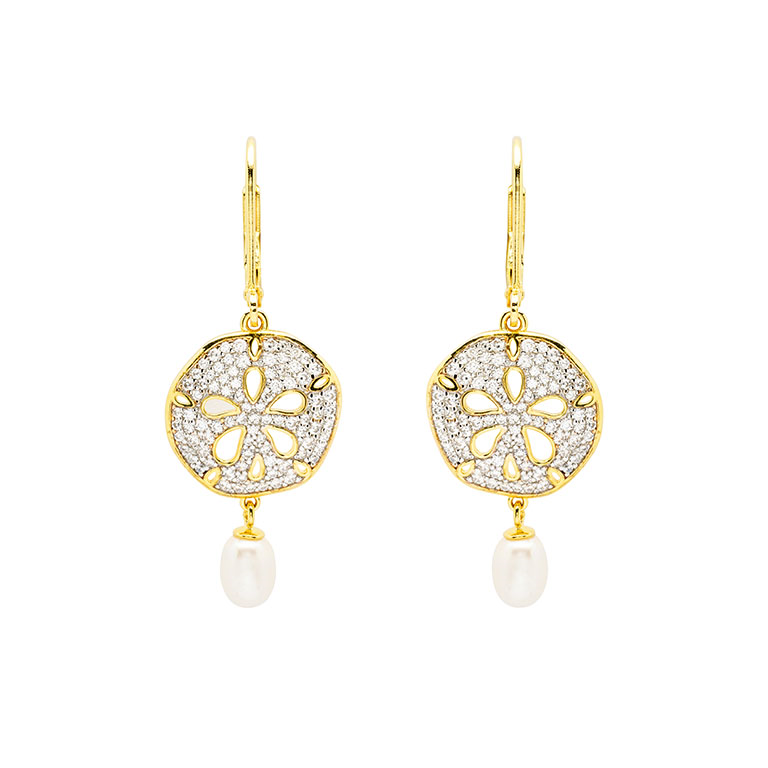 Ocean - Sterling Silver - Gold Vermeil Pearl & Cubic Zirconia Round Dangle Sanddollar Earrings