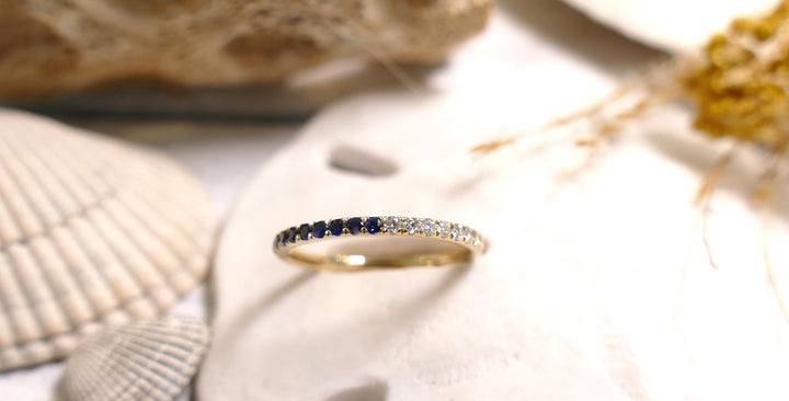 14k Yellow Gold Sapphire Band Half & Half Diamond Ring (Size 7)
