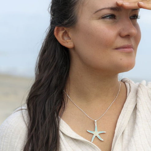 Dune - Sterling Silver - Turquoise Gradient Starfish Necklace Beaded Cable Chain (16"-18"-20")