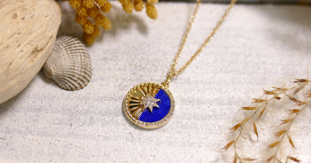 14k Yellow Gold Lapis + Starburst .07ct Diamond Necklace