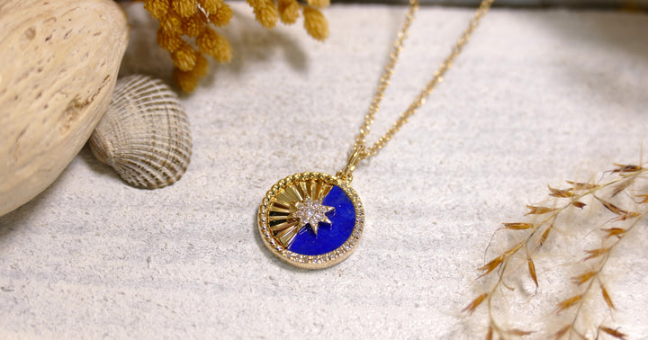 14k Yellow Gold Lapis + Starburst .07ct Diamond Necklace