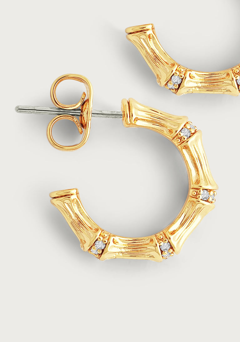 Anabel Arum - Brass - 18K Gold Plated Crystal Huggie Bamboo Earrings