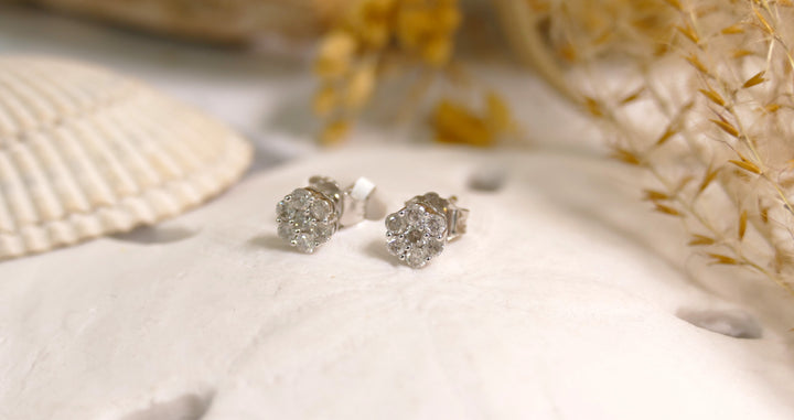 10k White Gold .53ct Diamonds Flower Cluster Earrings