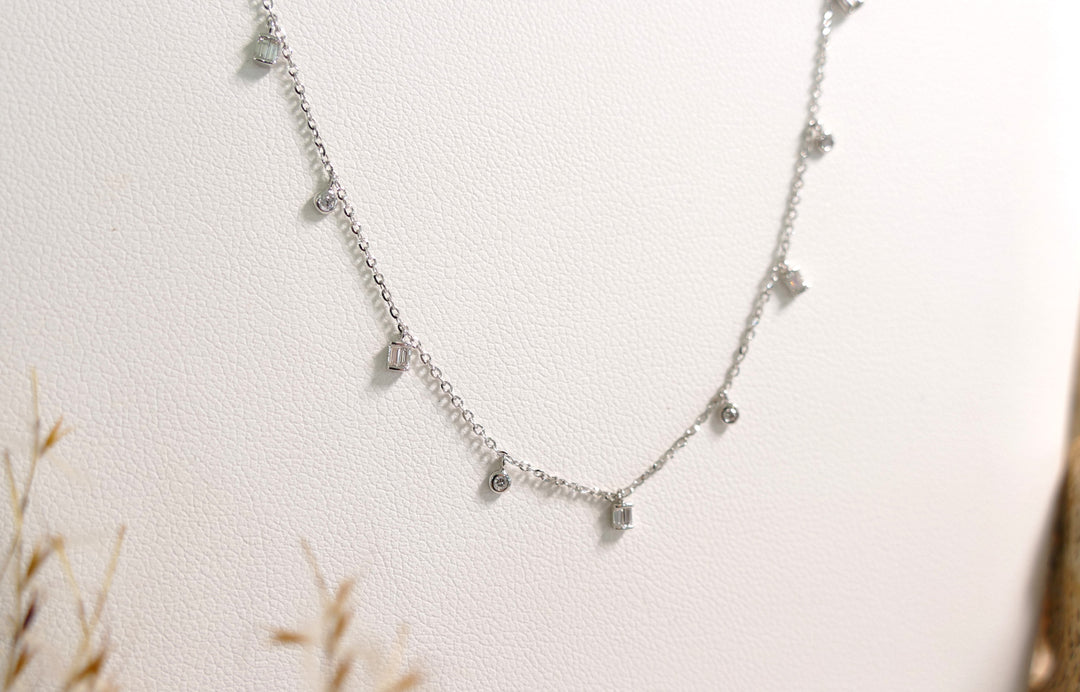 14k White Gold Diamond 0.13ct Round & Baguette Necklace
