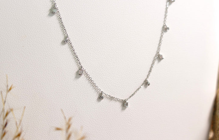 14k White Gold Diamond 0.13ct Round & Baguette Necklace