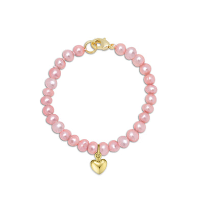 Lily Nily - Brass - 18K Gold Plated Heart Charm - Pink Freshwater Pearl Beaded Strand Bracelet 4.5"