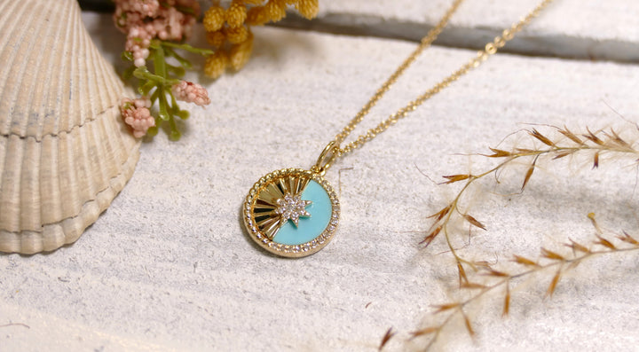 14k Yellow Gold Diamond + Starburst .07ct Turq Necklace