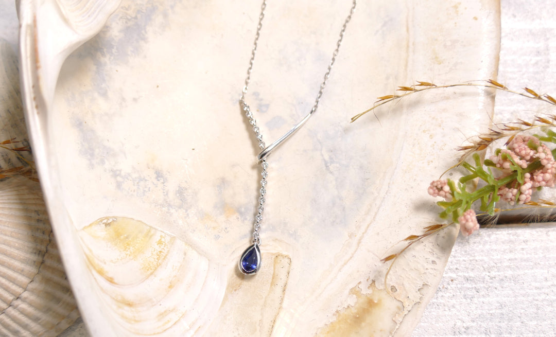 14k White Gold Diamond 0.15ct + Blue Sapphire 0.24ct Curved Bar + Teardrop Necklace