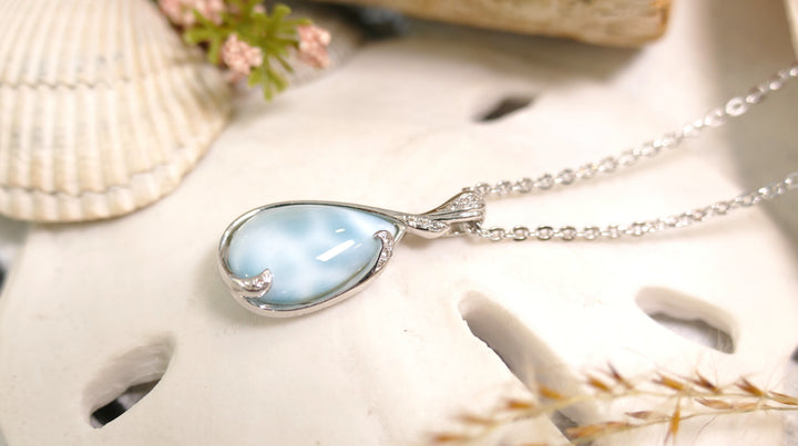 Sterling Silver - Silver With Diamonds Teardrop Larimar Necklace