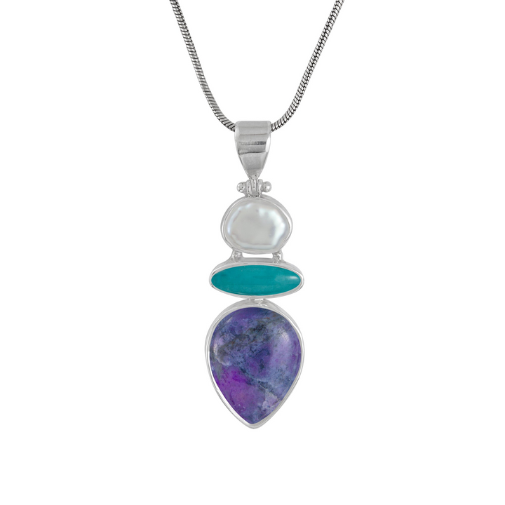 Sterling Silver - Keshie Pearl, Turquoise & Sugilite Pendant