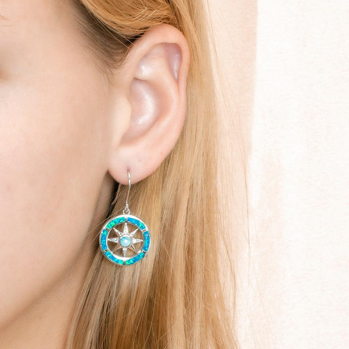 Sterling Silver - Larimar Round Dangle Compass Earrings