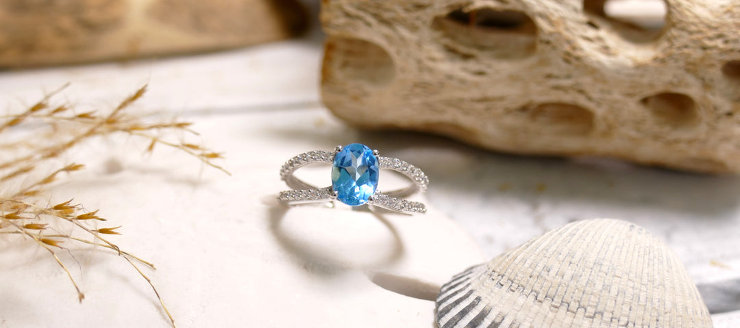 Sterling Silver - Silver CZ - Double Band Oval Blue Topaz Ring (Size 7)