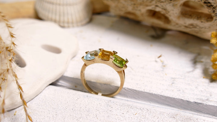 Sterling Silver - 14K Gold Plated Peridot, Citrine, Topaz Ring (Size 6)