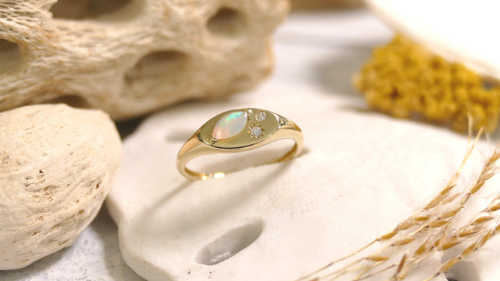 14k Yellow Gold Opal Marquise Letter Ring (Size 6.5)