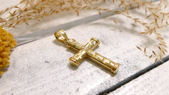 14k Yellow Gold Cross Extra Large D/C Barrel Pendant 8mm Bail (Chain not Included)