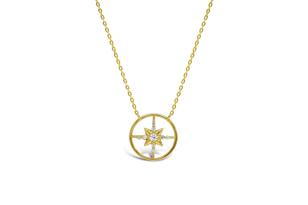 Stia - Sterling Silver - 14K Gold Plated Cubic Zirconia Round 15-17" Compass Necklace
