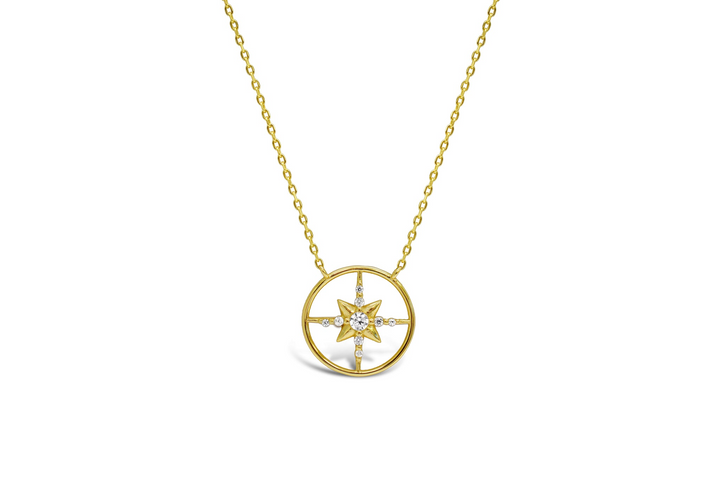 Stia - Sterling Silver - 14K Gold Plated Cubic Zirconia Round 15-17" Compass Necklace
