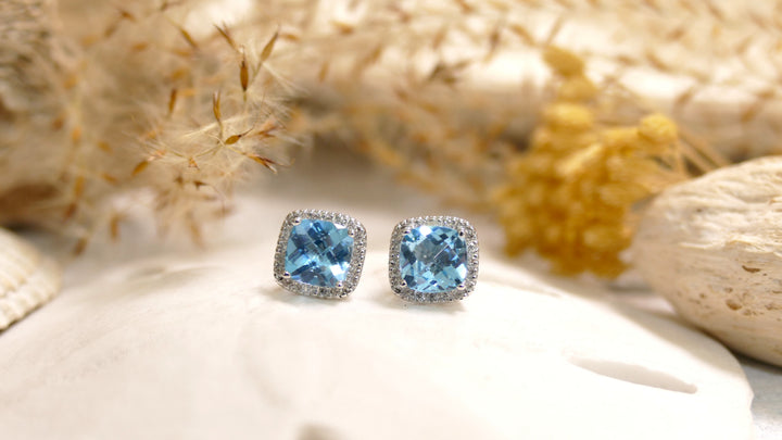 14k White Gold Cushion 0.15ct Blue Topaz Diamond Halo Stud Earrings