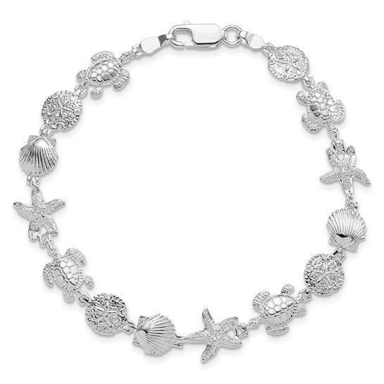 Sterling Silver - Silver Polished & Textured Sea Life Bracelet 7.25"